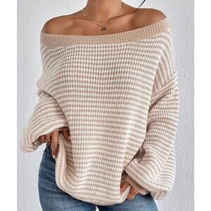 Cupshe Women’s Small Oversized Striped Knit Off Shoulder Sweater Top Beige SZ XL